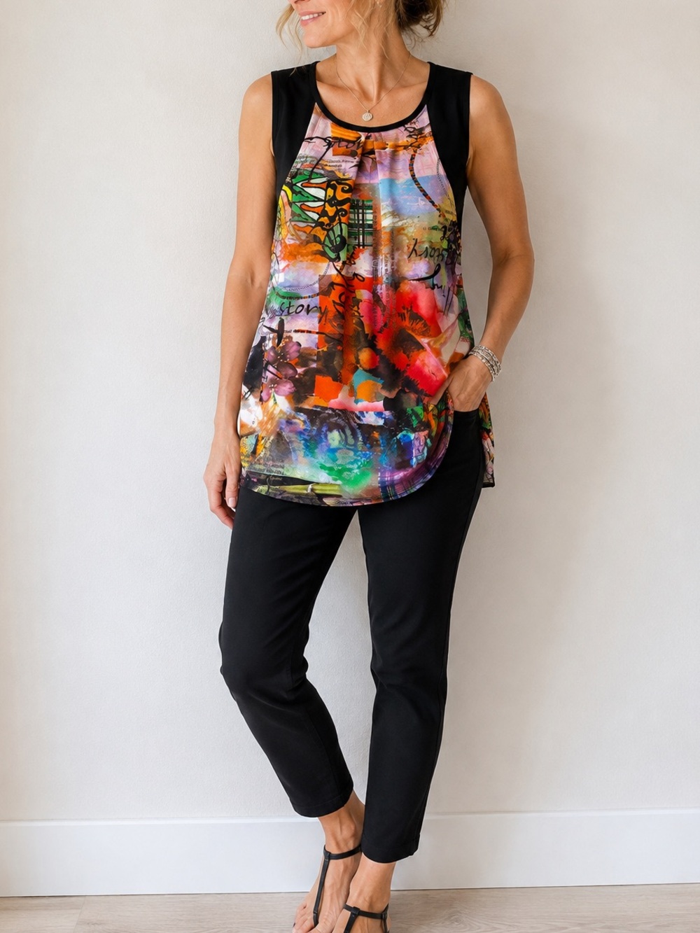 Abstract Print Sleeveless Layered Tunic Top | Artsy Boho | M